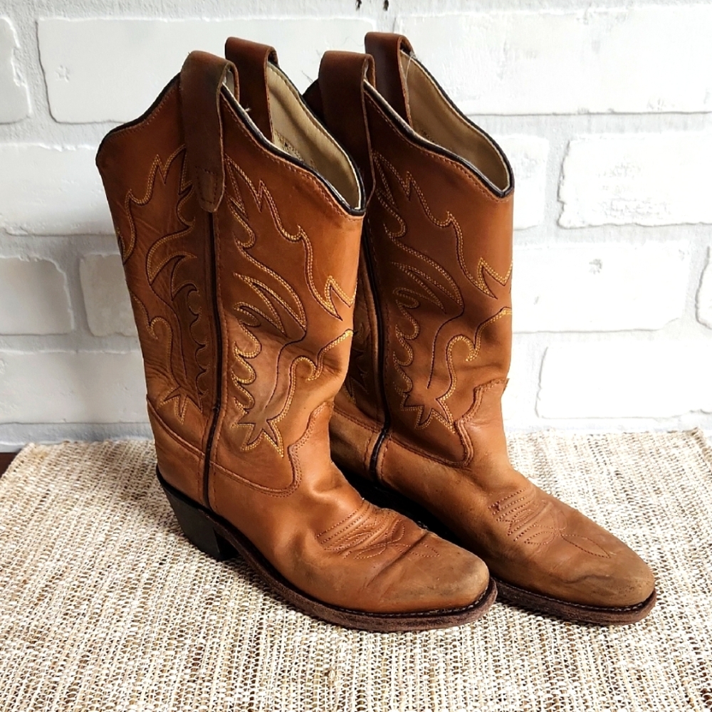 Old West Kids Classic Tan Leather Cowboy Boots